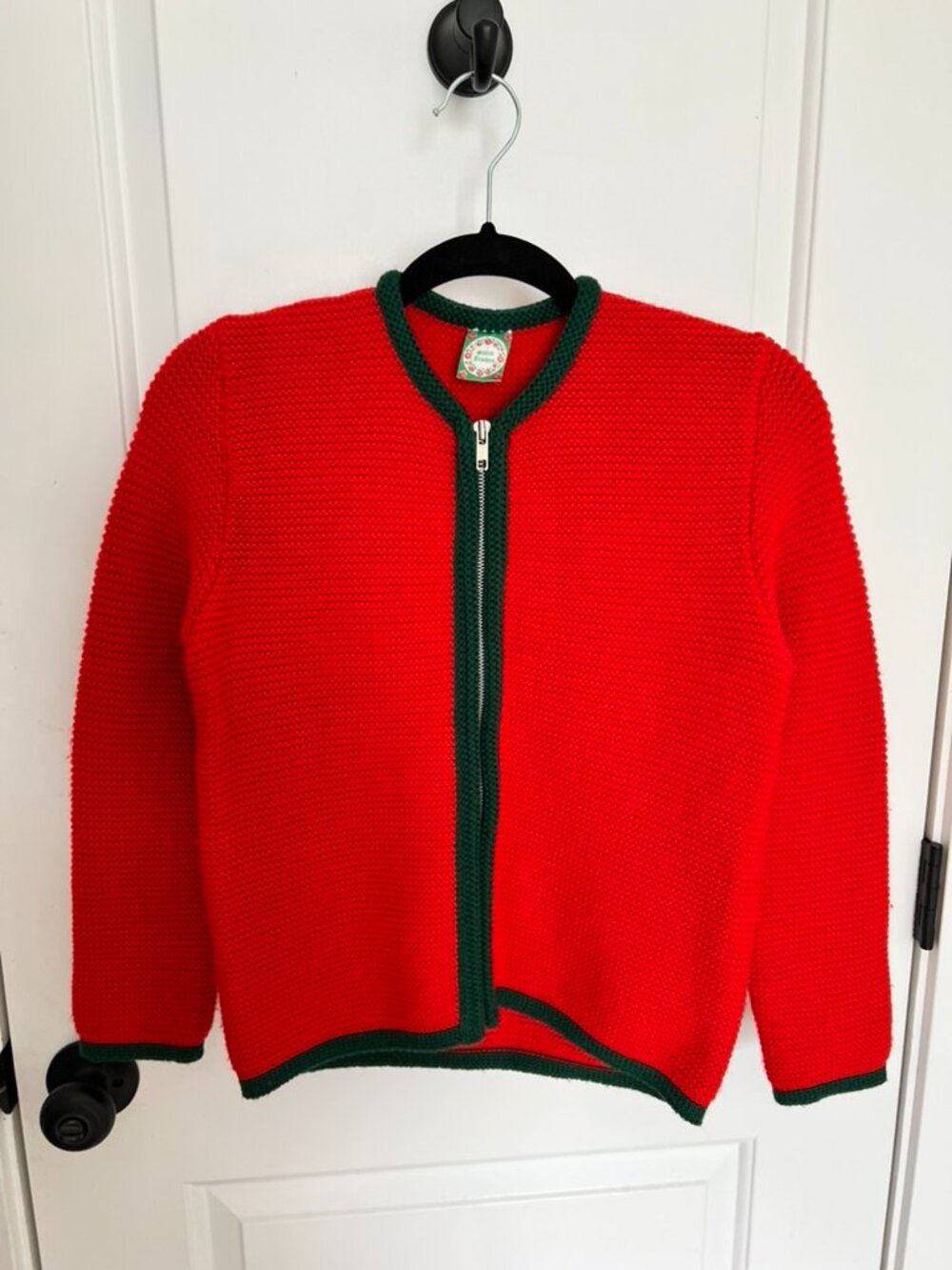 Vintage Trachten Austrian Red Green Wool Blend Zip Cardigan 152